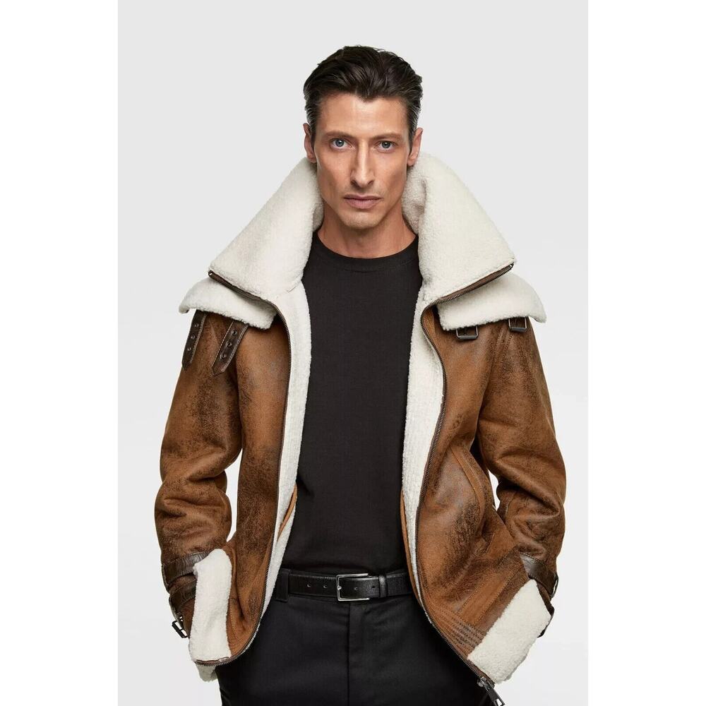 Zara Faux Leather Sherpa Lined Aviator Style Contrast Double Collar Jacket Large - Picture 13 of 13